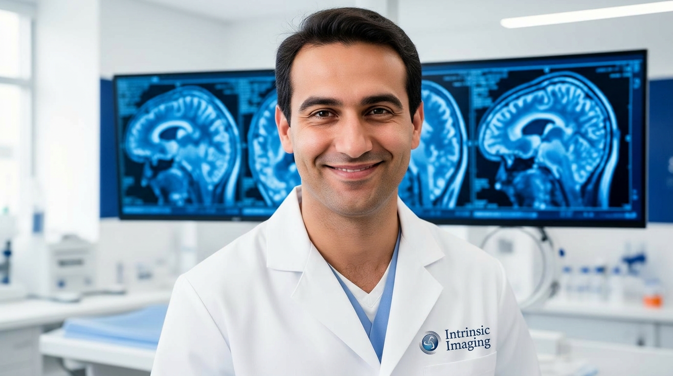 Radiologist reviewing brain MRI scans in a clinical trial core lab