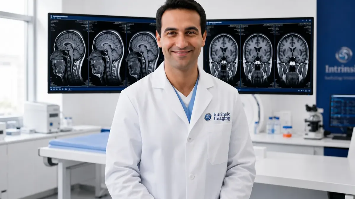 Radiologist reviewing brain MRI scans in a clinical trial core lab