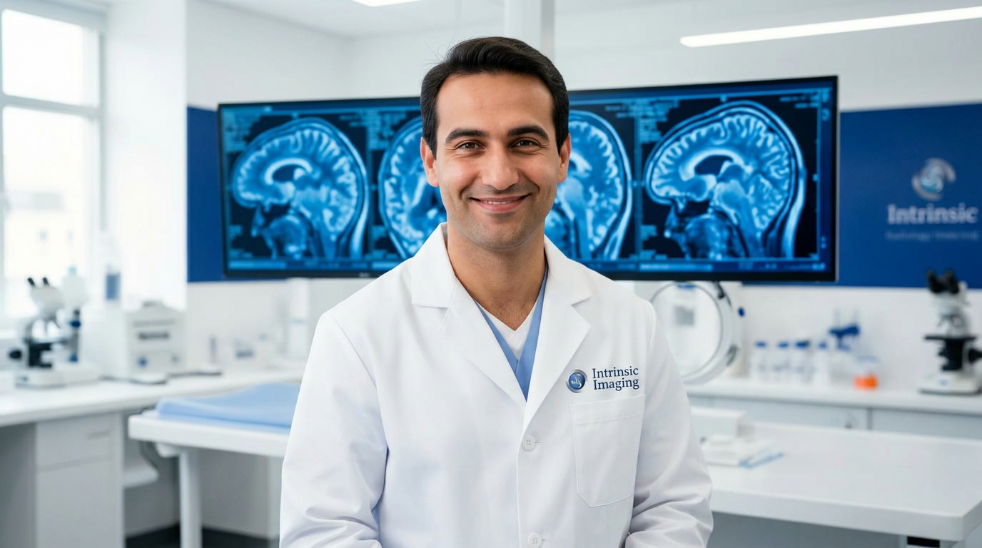 Radiologist reviewing brain MRI scans in a clinical trial core lab