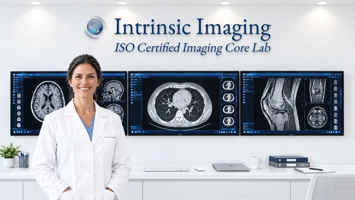 Intrinsic Imaging physician in front of brain MRI, chest CT and knee MRI reading screens
