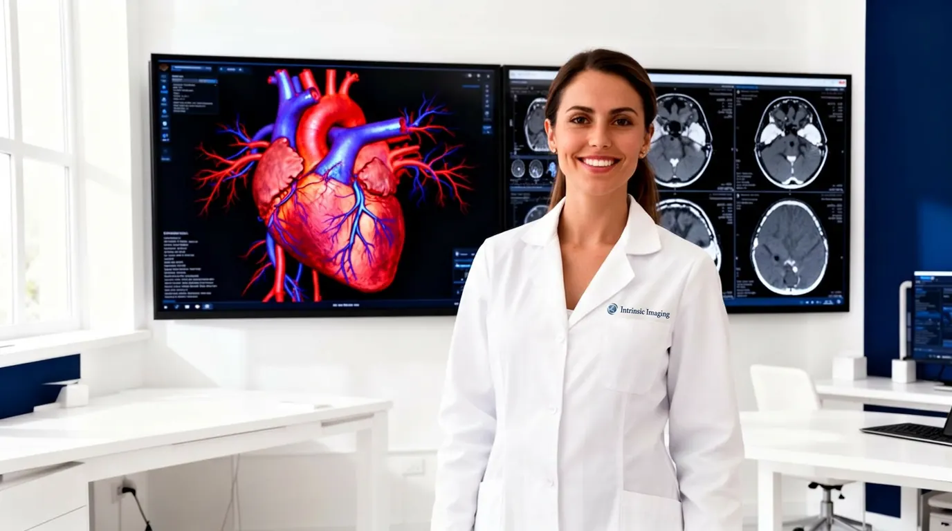 Cardiologist reviewing 3D cardiac CT in a clinical trial reading room