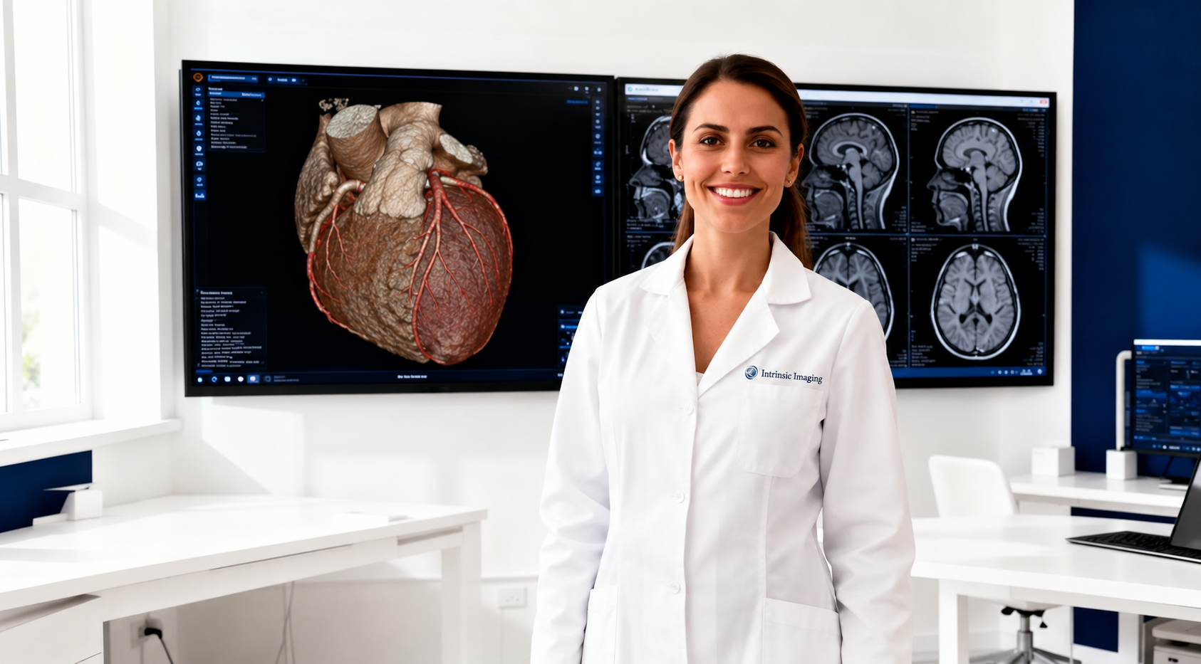 Cardiologist reviewing 3D cardiac CT in a clinical trial reading room